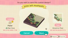 an animal crossing game with the caption do you want to save this custom design?