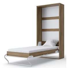 a bed with a book shelf attached to the headboard and foot board, in front of a white background