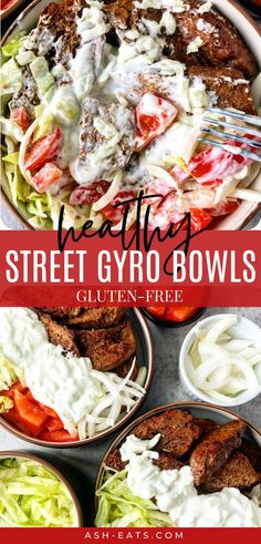 healthy street gyro bowls with meat, lettuce and tomatoes