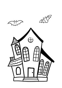 a black and white drawing of a house with bats in the sky above it,