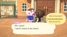 the animal crossing game has two characters talking to each other in front of a building