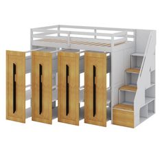 an image of a bunk bed with stairs and open doors on the bottom level for storage