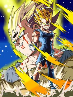 the dragon ball character is standing in front of some rocks and lightnings with his arms outstretched