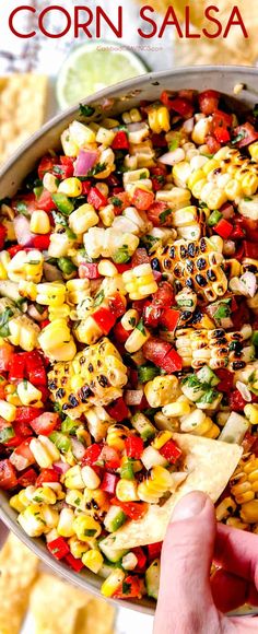 corn salsa in a bowl with tortilla chips