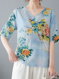 Women's Cotton Linen Blouse Floral Pattern Vintage Shirt V Neck Mid Sleeve Loose Lightweight Top Beach Blouse With Floral Print And 3/4 Sleeves, V-neck Floral Print Relaxed Fit Shirt, Bohemian V-neck Shirt With Floral Print, Floral Pattern Vintage, Floral Print Linen V-neck Top, Multicolor Floral Print V-neck Peasant Top, Vintage Floral Pattern, Linnet, Linen Blouse