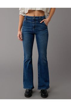 Next Level Stretch/Our softest, stretchiest, never-loses-its-shape denim/Super soft, super flexible & beyond comfortable!/Won't bag out. Ever./Dark wash High Waisted Flare Jeans, Super Flexible, High Waisted Flares, Bootcut Jeans, Next Level, Flare Jeans, Women's Jeans, American Eagle Outfitters, American Eagle