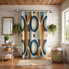 a bathroom with a shower curtain and rug