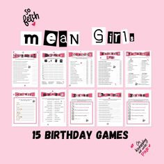 Mean Girls Birthday Party Games, Slumber Party Activities, Teens Slumber Party, Preteen Sleepover Games, Pink Slumber Party The perfect Bundle to make your teens slumber party  a hit  What you will get  1.Name that cake 2. Ever or Never  3. Scavenger Hunt  4. Scattegories 5. Would She rather  6. How well do you know the birthday gir? 7.Whats on your phone?  8.Whats in your sleepover bag? 9.Give yourself a point if  10.Spin the nail polish 11.Candy Dice  12. Birthday Emoji Pictionary  13.Guess th Mean Girls Sleepover Slumber Party Ideas, Mean Girls Birthday Party, Pink Slumber Party, Mean Girls Birthday, Party Games For Teenagers, Teen Birthday Games, Slumber Party Activities, Girls Birthday Games, Girls Birthday Party Games