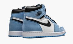 The Air Jordan 1 High “University Blue” is inspired by an original colorway of Michael Jordan’s first signature shoe. An early 2021 release by Jordan Brand, the “University Blue” Jordan 1 comes in the desirable high-top silhouette and recruits a mixture of materials and “UNC” flavored colors for an appealing design. Full-grain white leather appears on the mid-panel and perforated toe. University Blue nubuck leather overlays on the forefoot, eyelets, collar, and heel contrast the crisp white base Jordan 1 High University Blue, Air Logo, Nike X Travis Scott, Blue Jordans, Exclusive Sneakers, Air Jordan 1 Retro High Og, Jordan Sneakers, Nike Dunk High, Air Jordan 1 Retro High