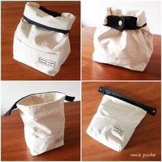 four different views of a white bag with black straps