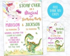 this is an image of a birthday party with a dinosaur and unicorn on the front