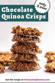 chocolate quinoa crispes stacked on top of each other with text overlay