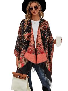 PRICES MAY VARY. Fabric: This poncho shawl is made of premiun fabric, thick and comfortable handfeel, creating a warm and cozy feeling when worn. Size: Measurement of this wrap-Length：75cm/29in, width：136cm/53in. Loose-fit layout, it fits effortlessly on women of any size. Features: this shawl is crafted with open front shape, featuring the color-splashed painted pattern and the elegant tailoring, adorned with tessels along the edge, the tessel is a fun design that adds movement. Occasion: Desig Styling Poncho, Fit Layout, Open Front Poncho, Blanket Cape, Beachy Dresses, Layered Cami, Cape Wrap, Plaid Shawl, Boho Shawl