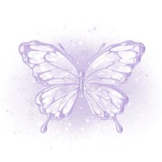 a purple butterfly with white wings on a light blue and white background, flying in the air