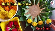 there are three bowls with flowers in them and the words haldi thai decoration only 5 minutes left