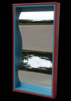 the reflection of a tree in a mirror on a black background with red and blue trim