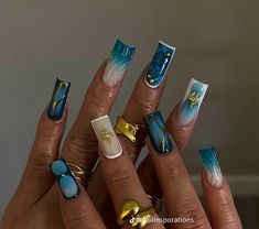 Blue Gold Nails, Nails Aesthetics, Deco Nails, Junk Nails, Nails Holiday, Press Nails, Goals Inspiration, French Acrylic Nails