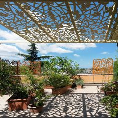 an outdoor patio with potted plants on the ground and a pergolated roof