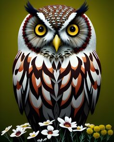 an owl with yellow eyes sitting on top of some white and orange flowers in front of a green background