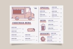 a menu for a food truck with different types of foods and drinks on the side