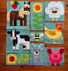 the quilts are made to look like farm animals and sunflowers in different colors