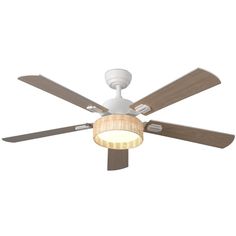 a white ceiling fan with two wooden blades and a light fixture on the top of it