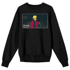 Stay warm and cozy as you celebrate your favorite anime series with this Trigun Stampede sweatshirt. The shirt features a screenshot of Vash the Stampede. The sweatshirt comes in a black long sleeve crew neck. Trigun Stampede fans will love this comfy and cozy sweatshirt. Anime Cotton Sweatshirt With Crew Neck, Black Cotton Anime Sweatshirt, Anime Cotton Sweatshirt For Fan Merchandise, Anime Print Crew Neck Sweatshirt For Cosplay, Anime Cotton Sweatshirt For Fans, Anime Long Sleeve Tops For Streetwear, Graphic Print Hoodie For Cosplay With Crew Neck, Cosplay Graphic Print Crew Neck Hoodie, Cosplay Fleece Long Sleeve Sweatshirt