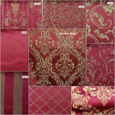 different types of fabric with gold and red designs on the bottom, in various colors