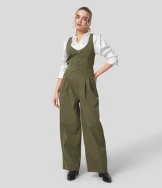 Women’s Button Multiple Pockets Plicated Straight Leg Casual Jumpsuit - Halara Jumpsuit Outfit Casual, Overalls Outfits, Mid Size Fashion, Jumpsuit Outfit, Bleach Wash, Casual Jumpsuit, Jumpsuit Fashion, Style Profile