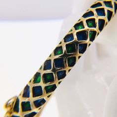 "Very nice Trifari Enameled Bangle Triangle panes enameled alternated shaded of jewel Emerald Green and Sapphire Blue. In wonderful condition with bright golden finish. Clasp and & locking chain all work perfect. 2.4\"&2.1 diameter opening" Givenchy Necklace, Crown Bracelet, Golden Warriors, Lion Earrings, Enamel Bangle, Sapphire Blue, Vintage Crystal, Designer Earrings, Vintage Necklace