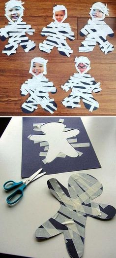 cut out paper and scissors sitting on top of a table next to an image of a child's face