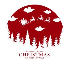 a red and white christmas card with santa flying through the sky over trees in front of a