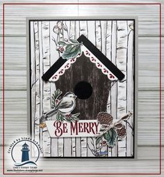 a birdhouse card with the words be merry on it