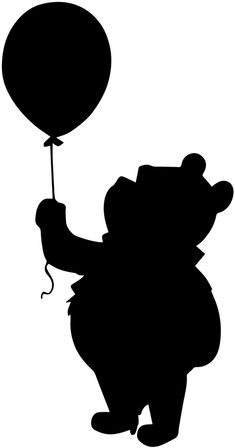 a black and white silhouette of a bear holding a balloon in the air with it's trunk