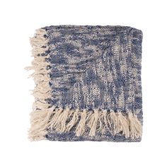 a blue and white throw with fringes on it's edges, against a white background