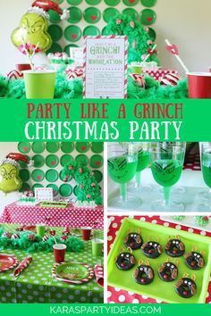 a grinch christmas party with green and red decorations, cupcakes and candy