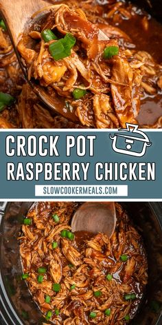 crock pot raspberry chicken in a slow cooker with text overlay