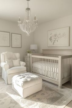 Elegant nursery featuring neutral tones with a cozy nursing chair, ottoman, crib, and chandelier. Perfect inspiration for a luxury baby room. Gray Walls Nursery, White Dresser Nursery, Girls Room Colors, Pink And Gray Nursery, Grey Wall Color