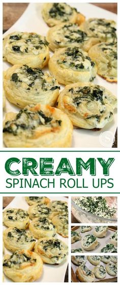 creamy spinach roll ups collage with text overlay and images above it