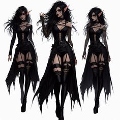 three different views of a woman dressed in black clothing with long hair and demon horns on her head