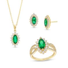 Display your vibrant style with this lab-created gemstone starburst pendant, ring and stud earrings set. Sterling silver with 14K gold plate Each piece features a marquise-cut green lab-created emerald, the largest being 10.0 x 5.0mm each White lab-created sapphires surround each center stone in a starburst frame Additional white lab-created sapphires adorn the open-worked shank of the ring 16.0 to 18.0-inch adjustable cable chain; lobster claw clasp Friction backs The ring is available in size Emerald Gemstone Jewelry Sets, Emerald Gemstone Jewelry Sets In Fine Style, Fine Jewelry Sets With Emerald Gemstones, Gold Marquise Halo Jewelry, Formal Hand-set Emerald Jewelry Sets, Hand-set Round Emerald Necklace In Fine Jewelry Style, Emerald Pendant Necklace Zales, Luxury Hand-set White Gold Emerald Necklace, Exquisite Hand-set Gold Emerald Necklace