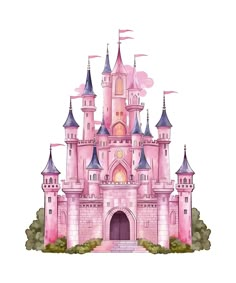 a pink castle with turrets and flags on it