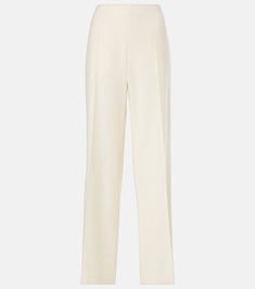 Foulard wool, silk and linen straight pants in white - The Row | Mytheresa Beige Formal Pantsuit With Straight Pants, Beige Straight Pantsuit For Formal Occasions, Formal Beige Pantsuit With Straight Pants, Elegant Wide Leg Pants With Side Slits, Elegant Fitted Wide Leg Pants With Side Slits, Classic Silk Dress Pants For Work, Formal Wool Wide Leg Pants For Spring, Wool Full Length Pants For Spring, Full Length Wool Pants For Spring