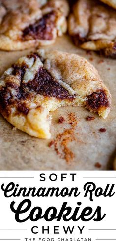 soft cinnamon roll cookies on a baking sheet with the words soft cinnamon roll cookies cheesy