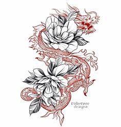 a dragon and flowers tattoo design on a white background