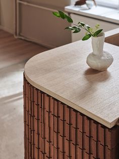 a vase with flowers on top of a counter