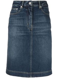 indigo blue cotton high waist belt loops concealed front fastening classic five pockets knee-length Blue Jean Skirt Outfits, Knee Length Jean Skirt, Denim Skirt Knee Length, Knee Length Jean Skirts, Knee Length Denim Skirt, Denim Skirts Knee Length, Jean Skirt Outfits, Blue Jean Skirt, Blue Mini Skirt