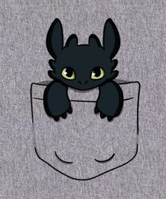 a black cat sitting in the pocket of a gray t - shirt with yellow eyes