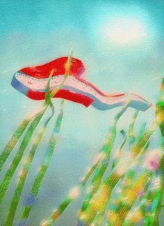 a painting of a flag flying in the sky over flowers and grass on a sunny day