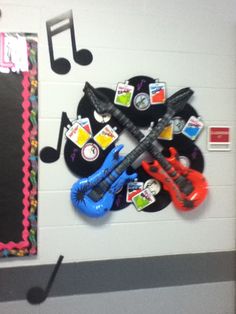 a bulletin board with musical instruments on it